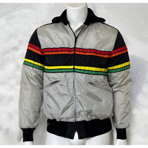 Vintage John Deere Snowmobile Jacket Mens M Insulated Full Zip Retro Stripe